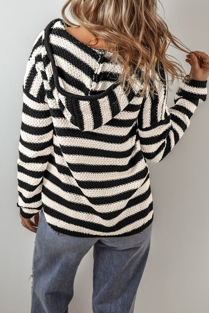 Sweaters - Stripe Hooded Knit Sweater Pocketed Jumper