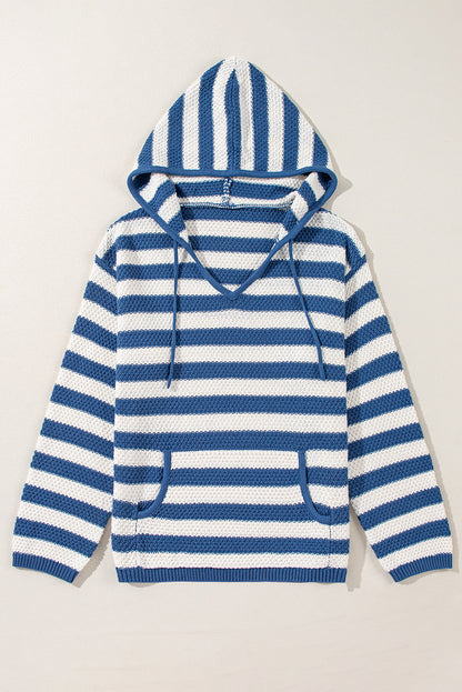 Sweaters - Stripe Hooded Knit Sweater Pocketed Jumper