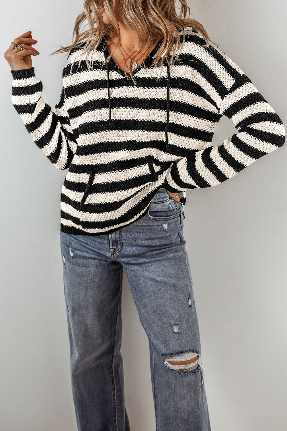 Sweaters - Stripe Hooded Knit Sweater Pocketed Jumper