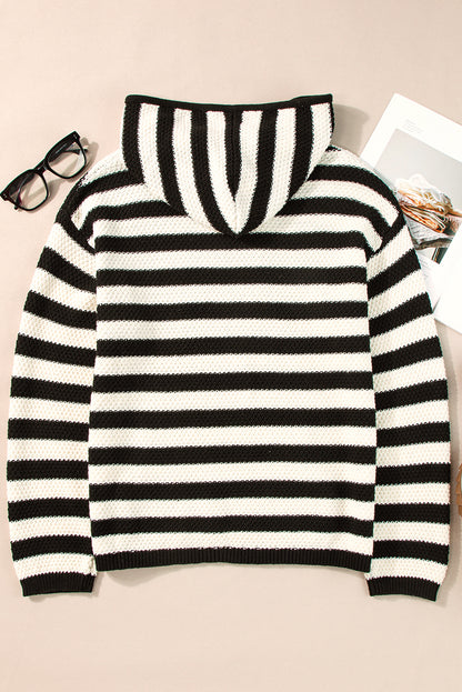 Sweaters - Stripe Hooded Knit Sweater Pocketed Jumper