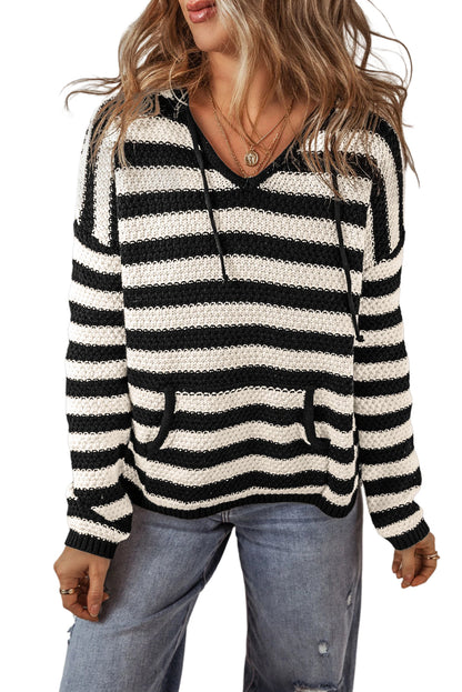 Sweaters - Stripe Hooded Knit Sweater Pocketed Jumper