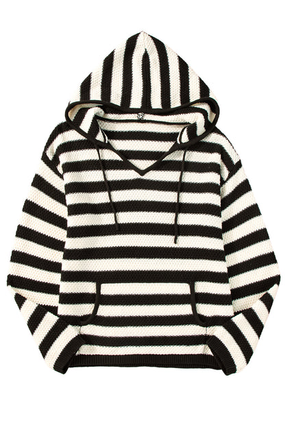 Sweaters - Stripe Hooded Knit Sweater Pocketed Jumper