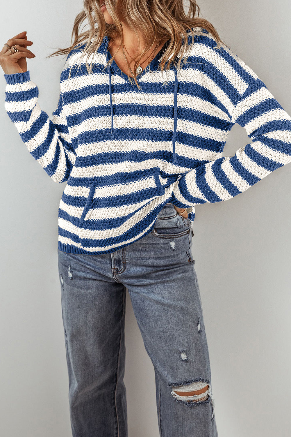 Sweaters - Stripe Hooded Knit Sweater Pocketed Jumper