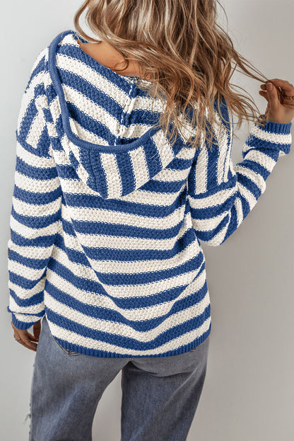 Sweaters - Stripe Hooded Knit Sweater Pocketed Jumper