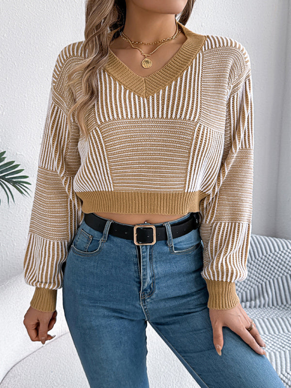 Sweaters - Stripe V-Neck Sweater Lantern Sleeve Crop Jumper