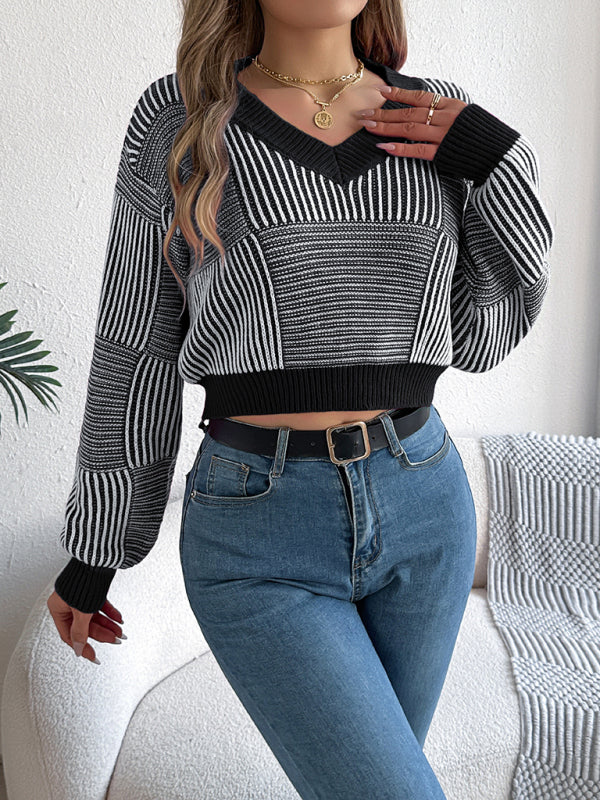 Sweaters - Stripe V-Neck Sweater Lantern Sleeve Crop Jumper