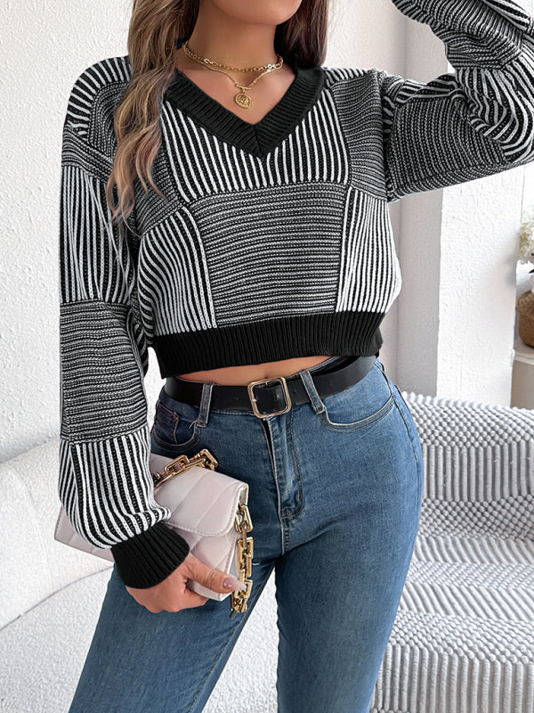 Sweaters - Stripe V-Neck Sweater Lantern Sleeve Crop Jumper