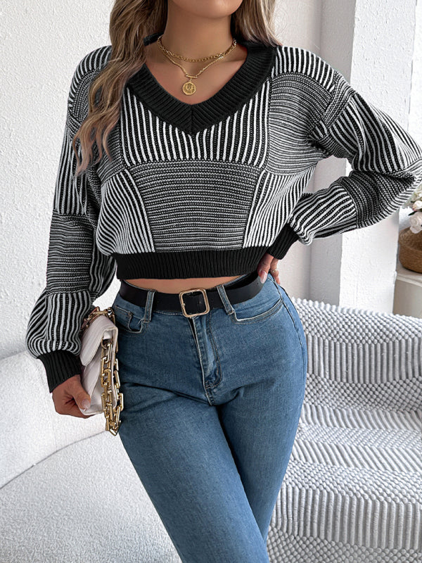 Sweaters - Stripe V-Neck Sweater Lantern Sleeve Crop Jumper