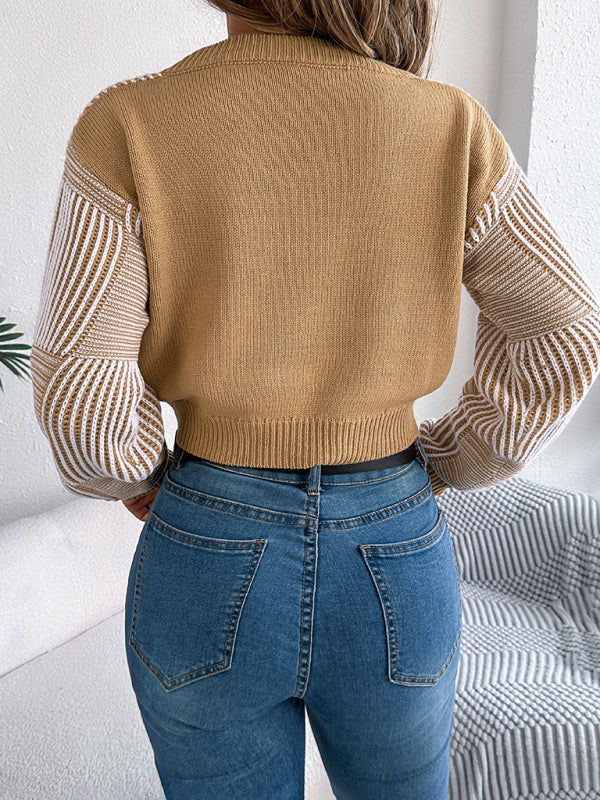 Sweaters - Stripe V-Neck Sweater Lantern Sleeve Crop Jumper