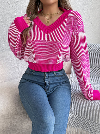 Sweaters - Stripe V-Neck Sweater Lantern Sleeve Crop Jumper