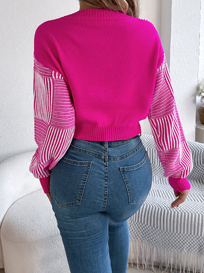 Sweaters - Stripe V-Neck Sweater Lantern Sleeve Crop Jumper