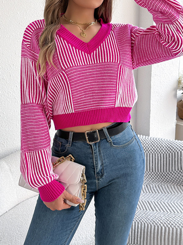 Sweaters - Stripe V-Neck Sweater Lantern Sleeve Crop Jumper