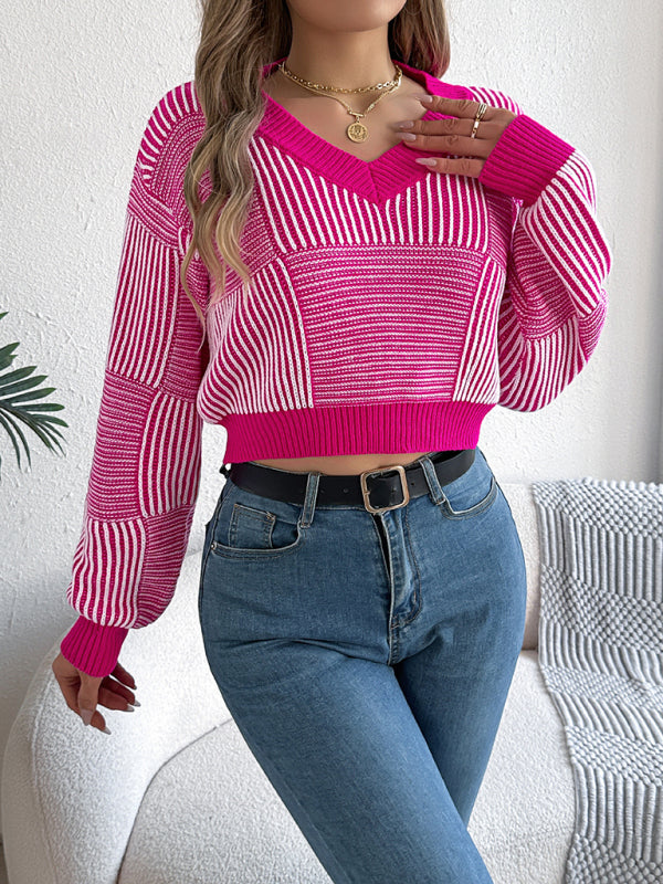 Sweaters - Stripe V-Neck Sweater Lantern Sleeve Crop Jumper