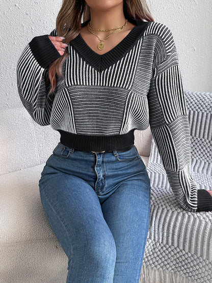 Sweaters - Stripe V-Neck Sweater Lantern Sleeve Crop Jumper