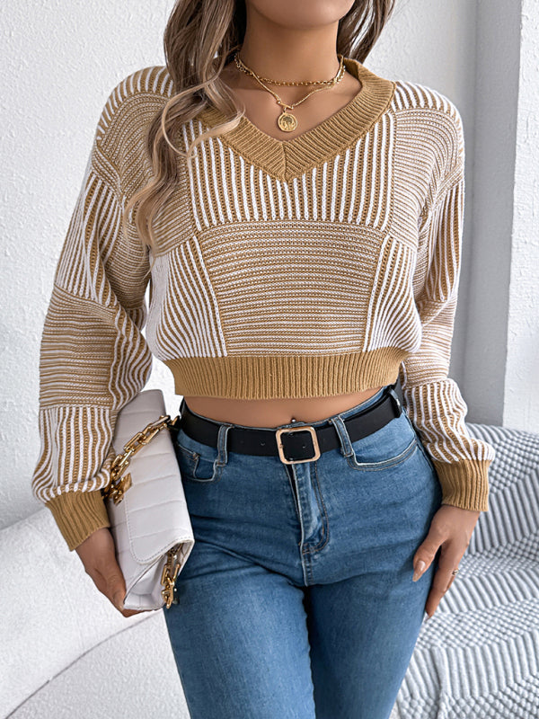 Sweaters - Stripe V-Neck Sweater Lantern Sleeve Crop Jumper