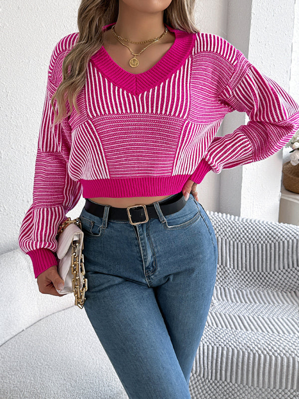 Sweaters - Stripe V-Neck Sweater Lantern Sleeve Crop Jumper