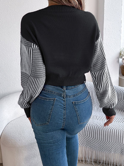 Sweaters - Stripe V-Neck Sweater Lantern Sleeve Crop Jumper