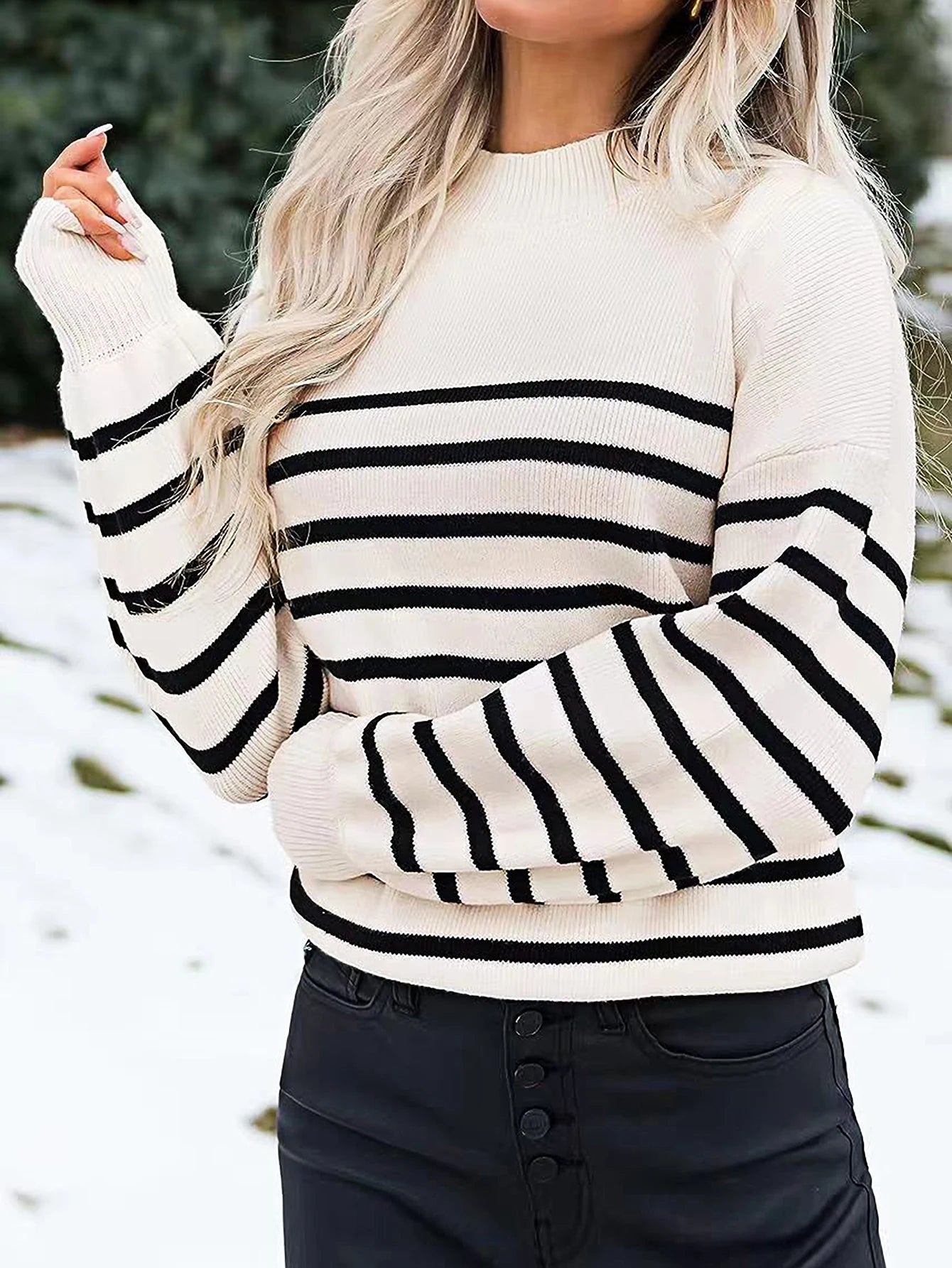 Sweaters- Striped Crew Neck Sweater - Fall Essential