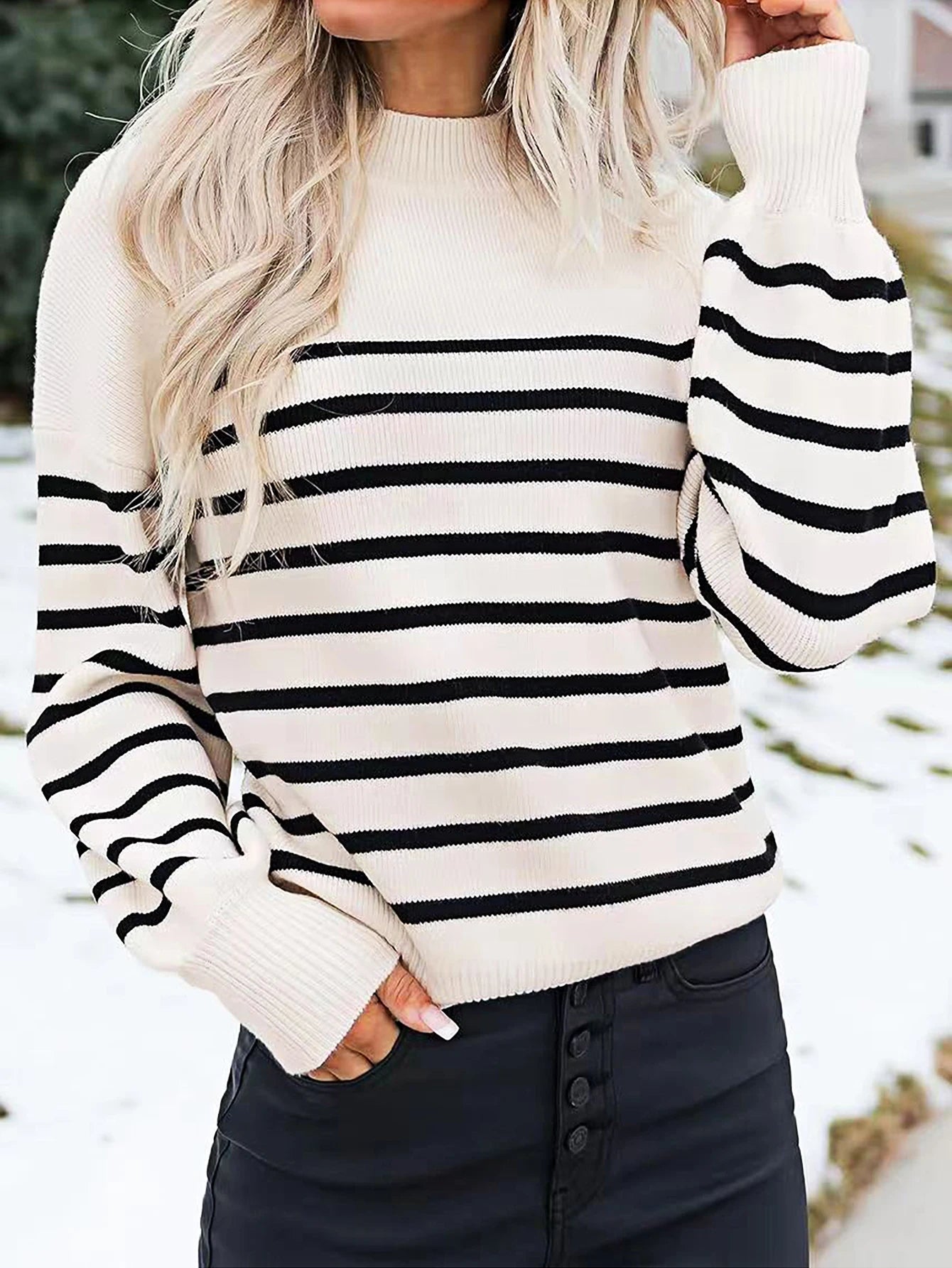 Sweaters- Striped Crew Neck Sweater - Fall Essential