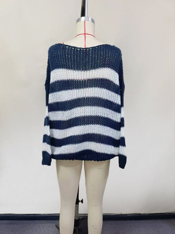 Sweaters - Striped Jumper Open-Knit Slouchy Sweater