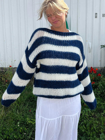 Sweaters - Striped Jumper Open-Knit Slouchy Sweater