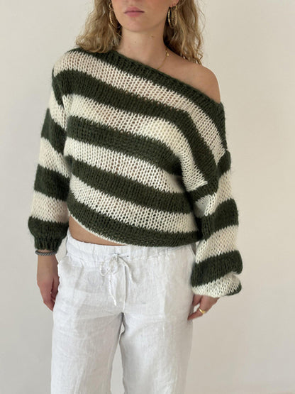 Sweaters - Striped Jumper Open-Knit Slouchy Sweater