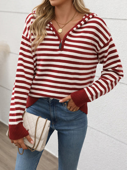 Sweaters - Striped Jumper Zip Hoodie Knit Sweater