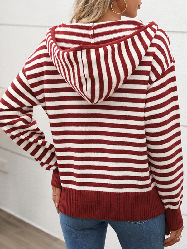 Sweaters - Striped Jumper Zip Hoodie Knit Sweater