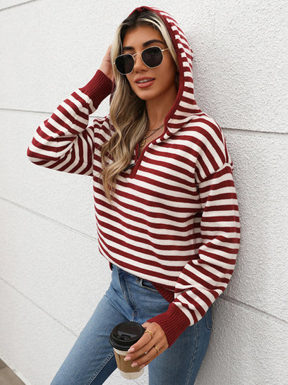 Sweaters - Striped Jumper Zip Hoodie Knit Sweater