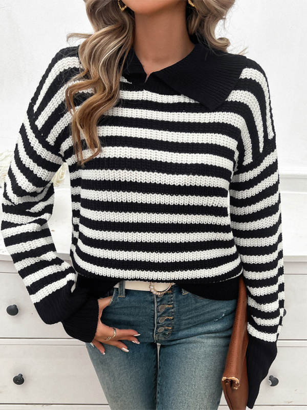 Sweaters- Striped Knit Sweater with Wide Solid Collar