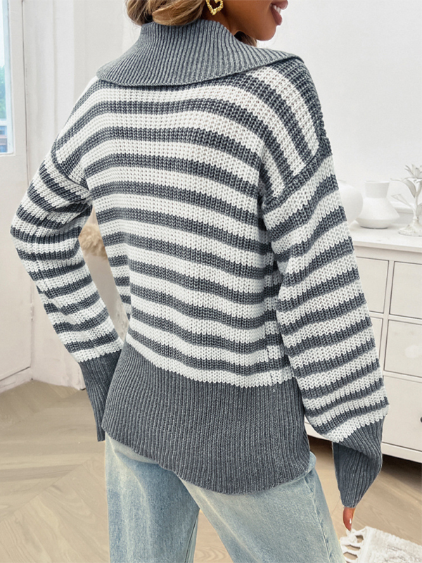 Sweaters- Striped Knit Sweater with Wide Solid Collar