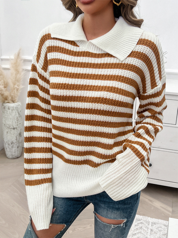 Sweaters- Striped Knit Sweater with Wide Solid Collar