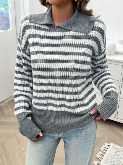 Sweaters- Striped Knit Sweater with Wide Solid Collar