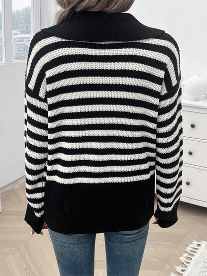 Sweaters- Striped Knit Sweater with Wide Solid Collar