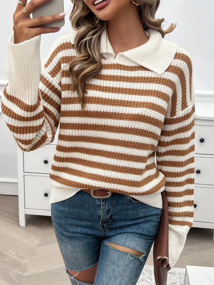 Sweaters- Striped Knit Sweater with Wide Solid Collar