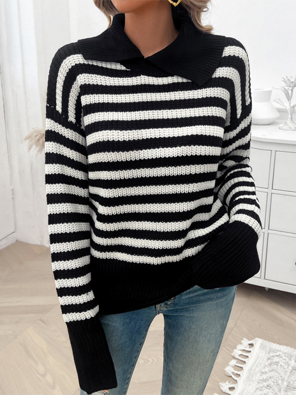 Sweaters- Striped Knit Sweater with Wide Solid Collar