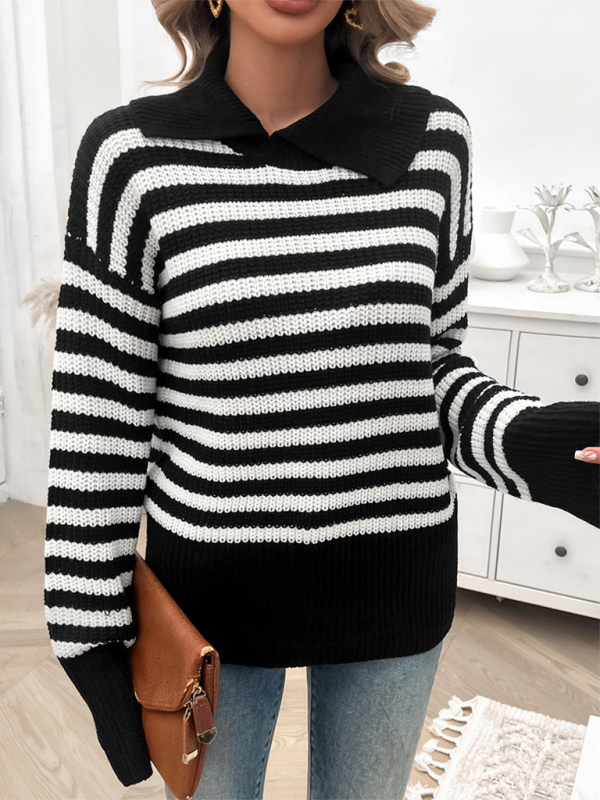 Sweaters- Striped Knit Sweater with Wide Solid Collar