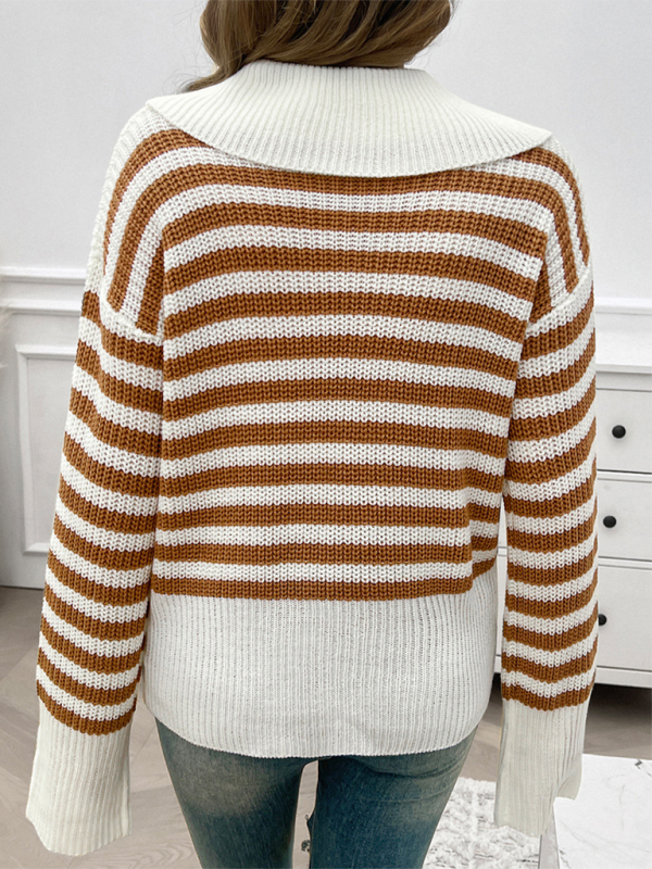 Sweaters- Striped Knit Sweater with Wide Solid Collar