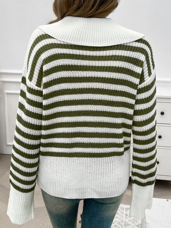 Sweaters- Striped Knit Sweater with Wide Solid Collar