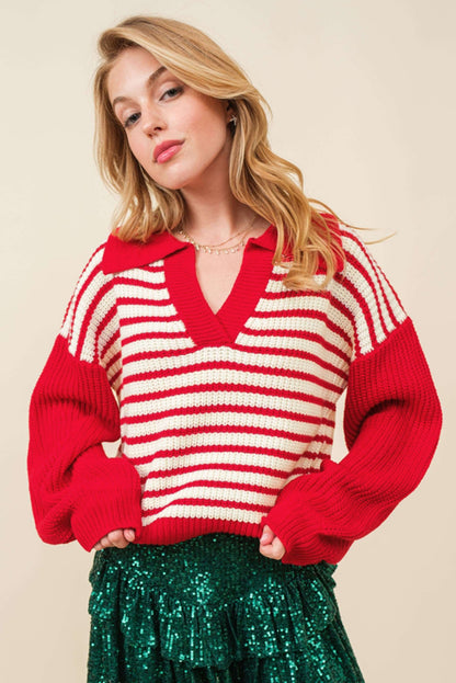 Sweaters - Striped V-Neck Lantern Sleeve Sweater Festive Jumper