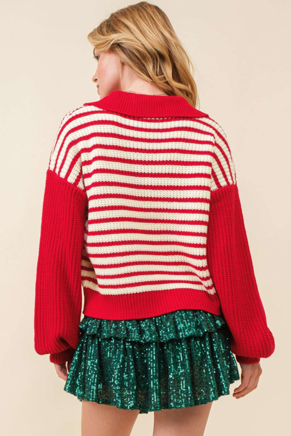 Sweaters - Striped V-Neck Lantern Sleeve Sweater Festive Jumper