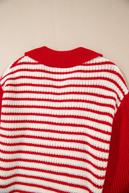 Sweaters - Striped V-Neck Lantern Sleeve Sweater Festive Jumper