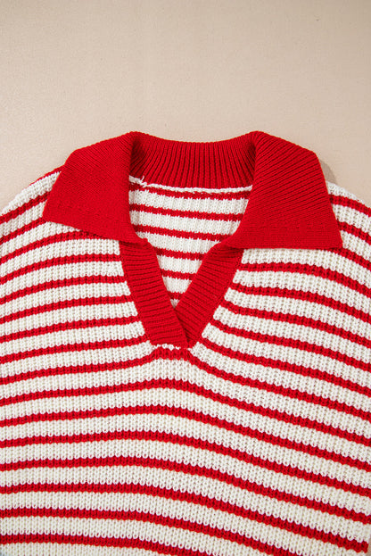 Sweaters - Striped V-Neck Lantern Sleeve Sweater Festive Jumper