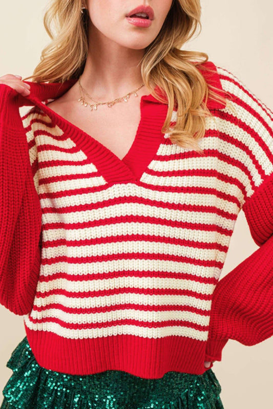 Sweaters - Striped V-Neck Lantern Sleeve Sweater Festive Jumper