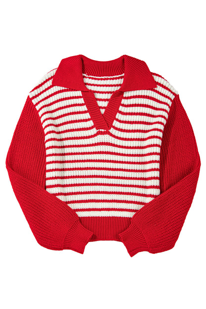 Sweaters - Striped V-Neck Lantern Sleeve Sweater Festive Jumper