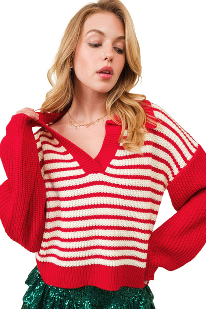 Sweaters - Striped V-Neck Lantern Sleeve Sweater Festive Jumper