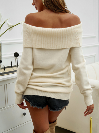 Sweaters Tops - Folded Collar Off-Shoulder Knit Pullover