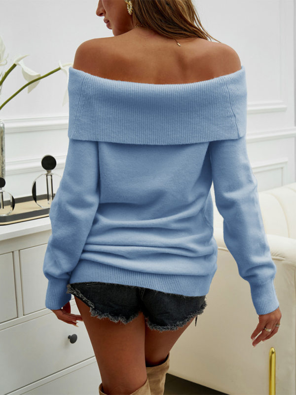 Sweaters Tops- Folded Collar Off-Shoulder Knit Pullover