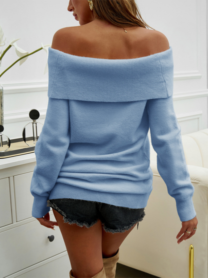 Sweaters Tops - Folded Collar Off-Shoulder Knit Pullover