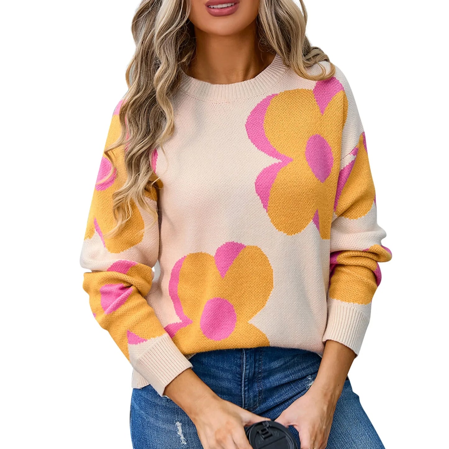 Sweaters- Trendy Big Flower Knit Sweater - Women’s Cozy Crewneck Jumper- Beige- Pekosa Women Fashion